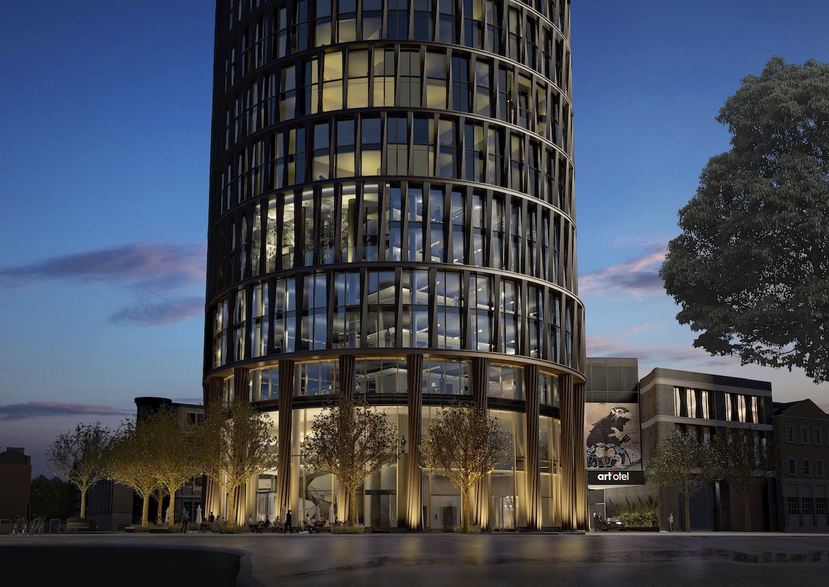 New hotel on the block. Art'otel London Hoxton will be sheltered inside a cylindrical building. | Image credit: Squire & Partners