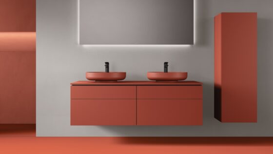 burnt orange bathroom furniture and handbasins in new colour range from Duravit