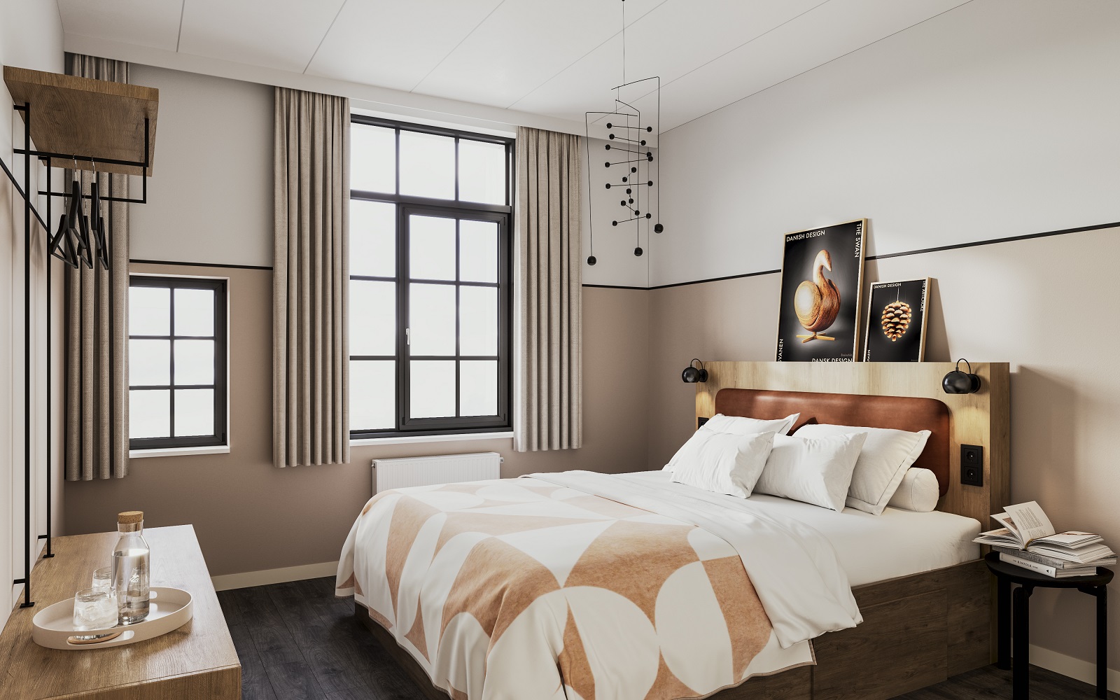 guestroom in Bob W Osterbro with walls in taupe and white and patterned throw on bed