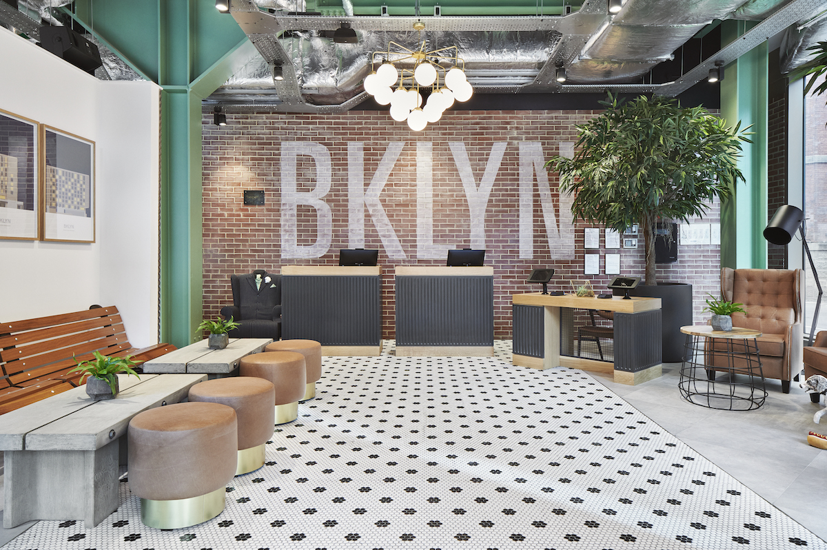 A street-like hotel lobby inside Hotel Brooklyn