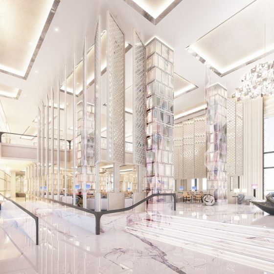 Render of lobby inside Raffles Jeddah