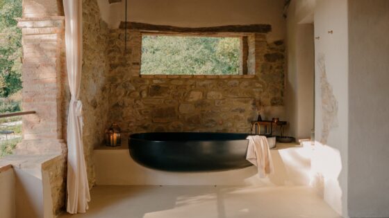 A rustic bathroom inside a 12-century building in Italy