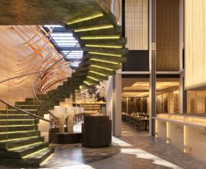 floating spiral staircase alongside restaurant in Mandarin Oriental London