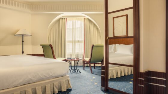 view into hotel guestroom in Paris across bed to rounded art deco style window