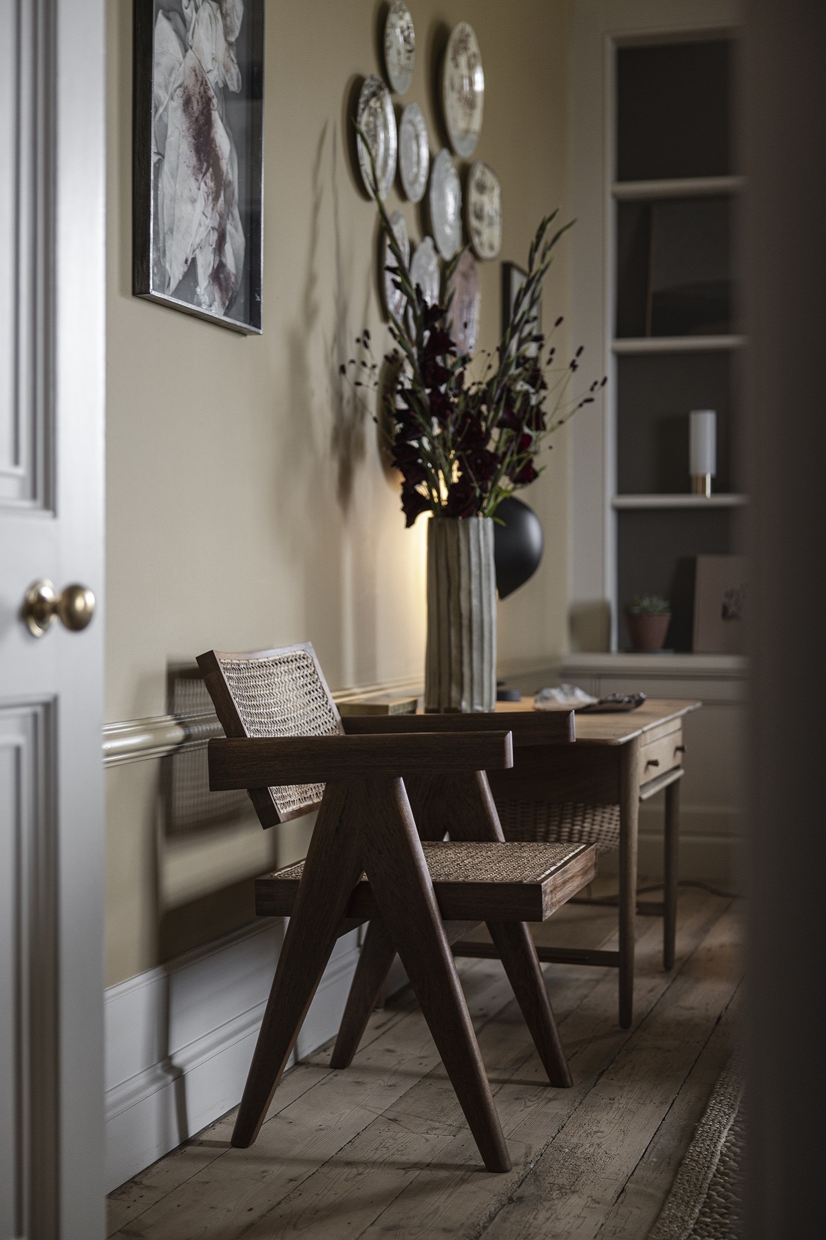 mid century modern furniture with period details in the hall of Lundies House