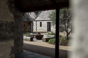 view from a window through to the farmyard at Lundies House