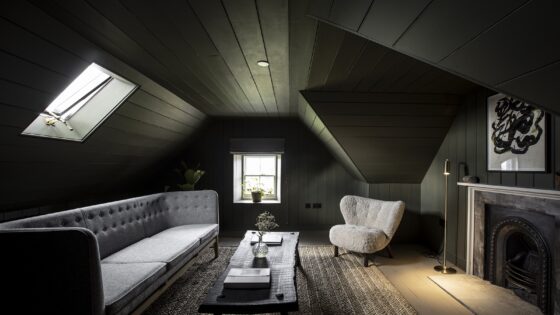 black wood panelling in an attic room in Lundies House in Scotland