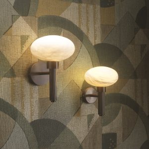 art deco style glass wall lights against art deco wallpaper design