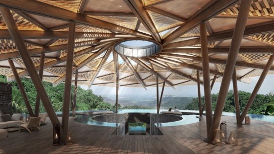 Render of wooden structure over modern hotel lobby