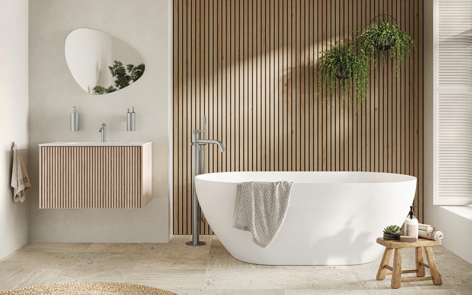 crosswater bathroom in white and wood with plants