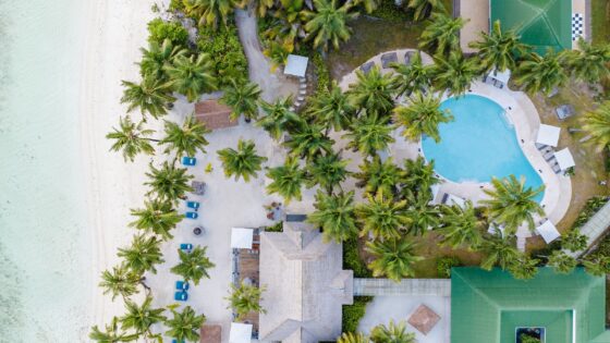 aerial view of Alphonse Island resort with beach, palm trees and swimming pool