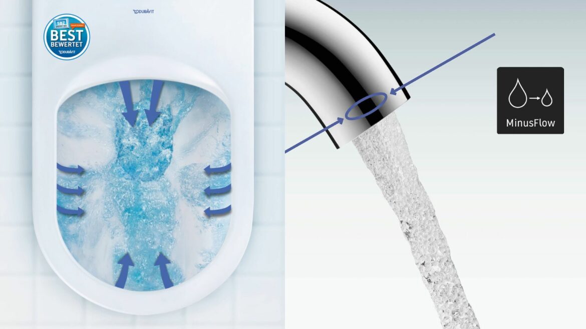 Duravit main image - rimless toilet graphic and flowing water