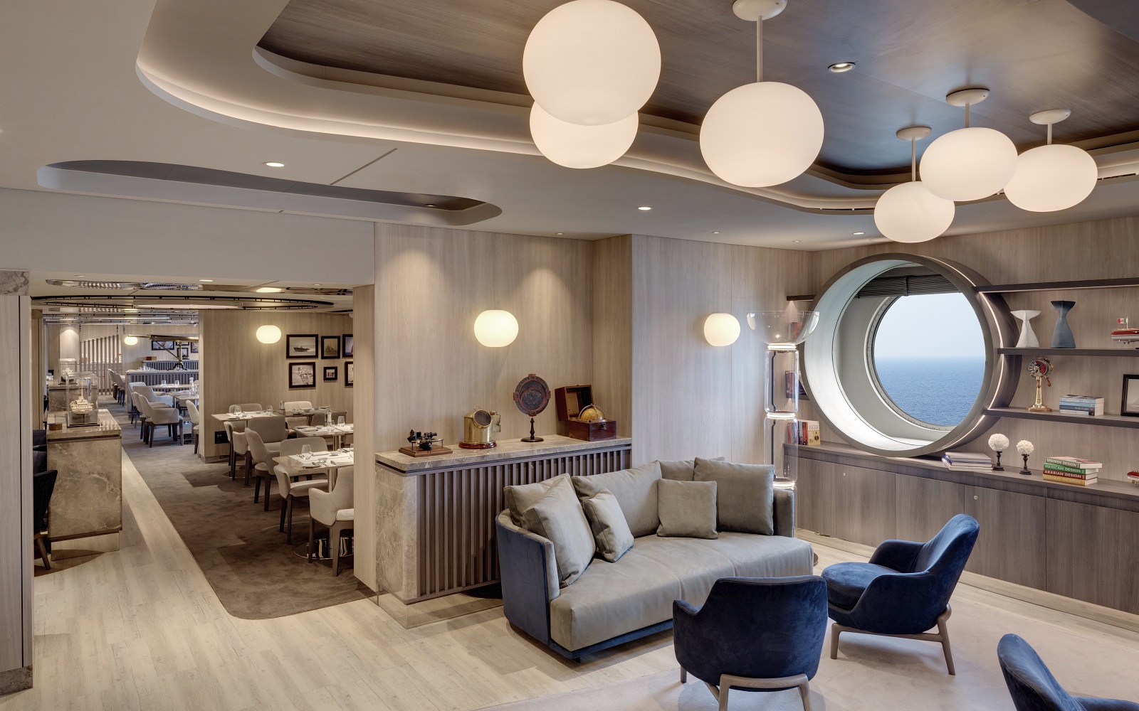 Interior design scheme that is contemporary in Med Yacht Club restaurant onboard Explora 1