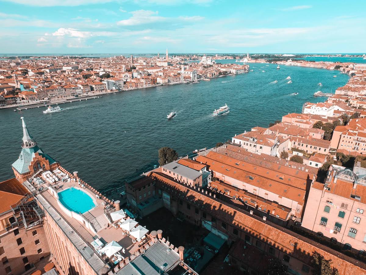 Aerial view over Venice above Hilton Venice