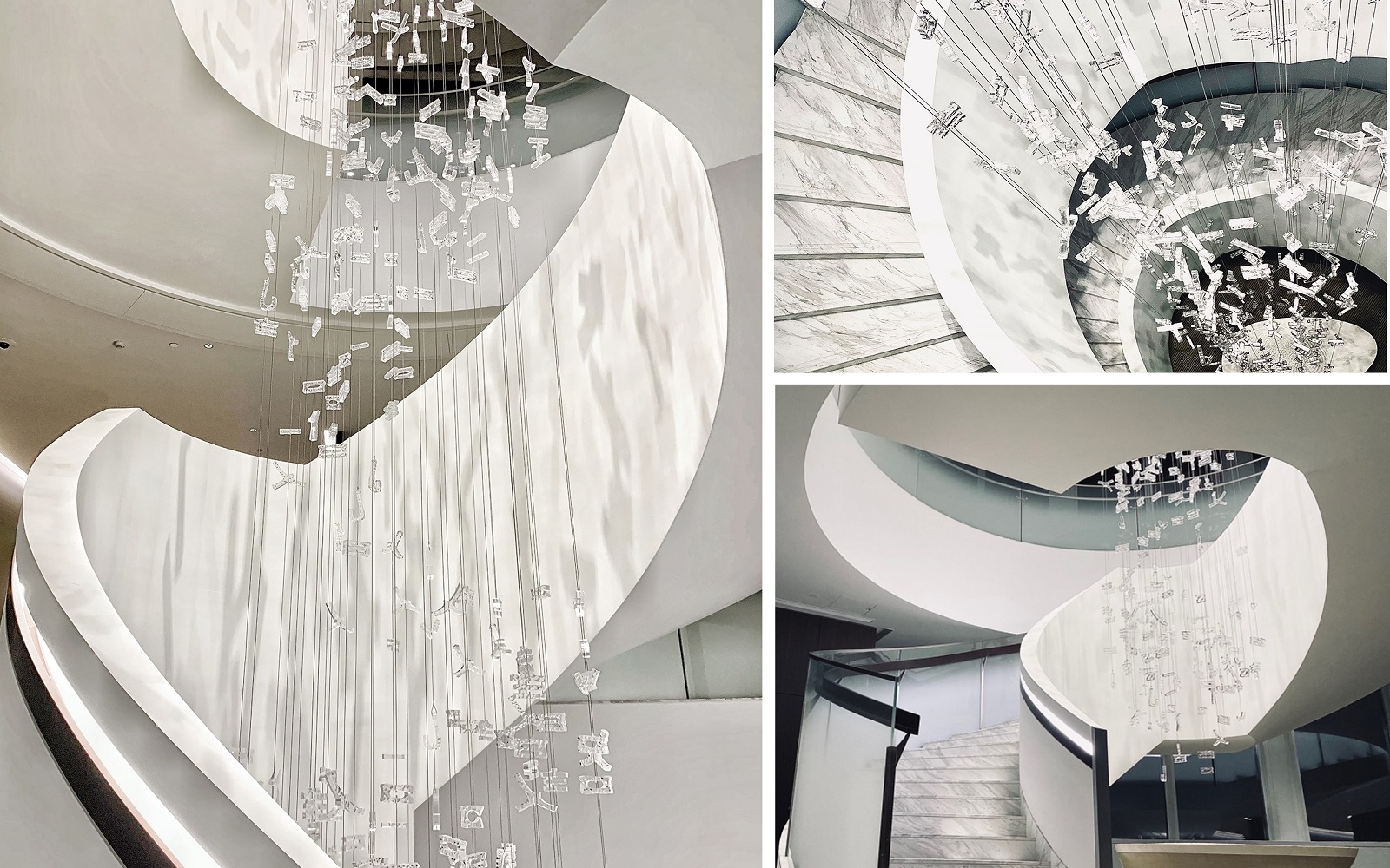 black and white image collage showing glass art installation over stair well by Zhengyin art