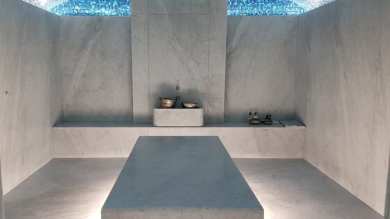 heated stone treatment bed with blue mosaic ceiling in The Newt