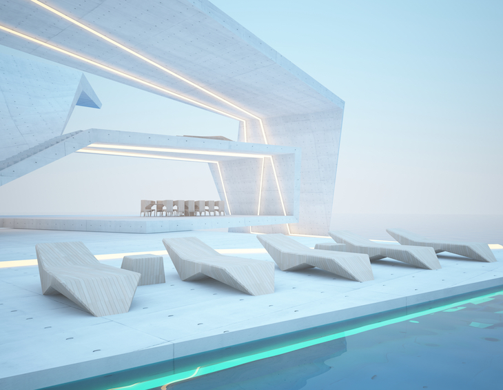 Abstract architectural concrete, wood and glass interior of a modern villa on the sea with swimming pool and neon lighting. 3D illustration and rendering.