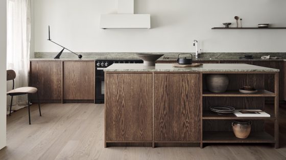 A wooden floor in industrial kitchen