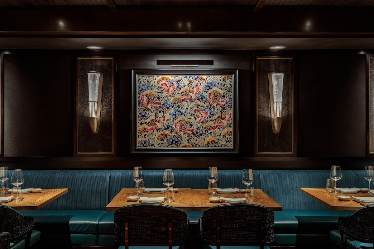 Blue bench and wood walls in restaurant