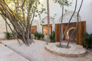 jungle trees and natural stonework at the entrance to La Valise Tulum