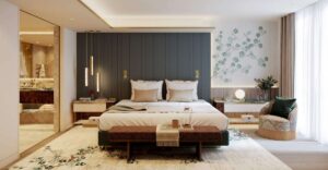 render of guestroom in Mandarin Oriental Mayfair London with ensuite bathroom on the side