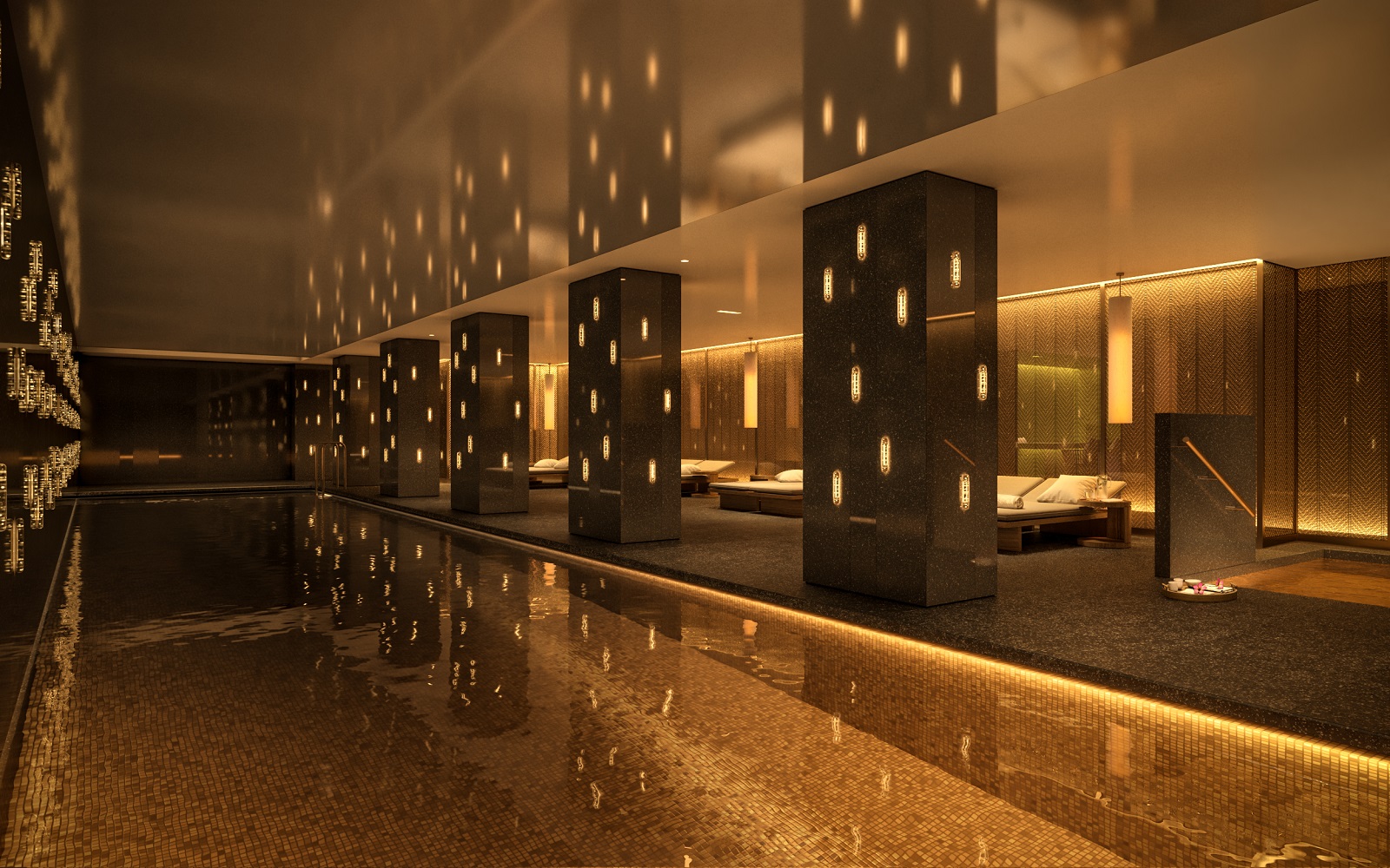 pool and lighting with loungers on the side in spa at Mandarin Oriental Mayfair, London,