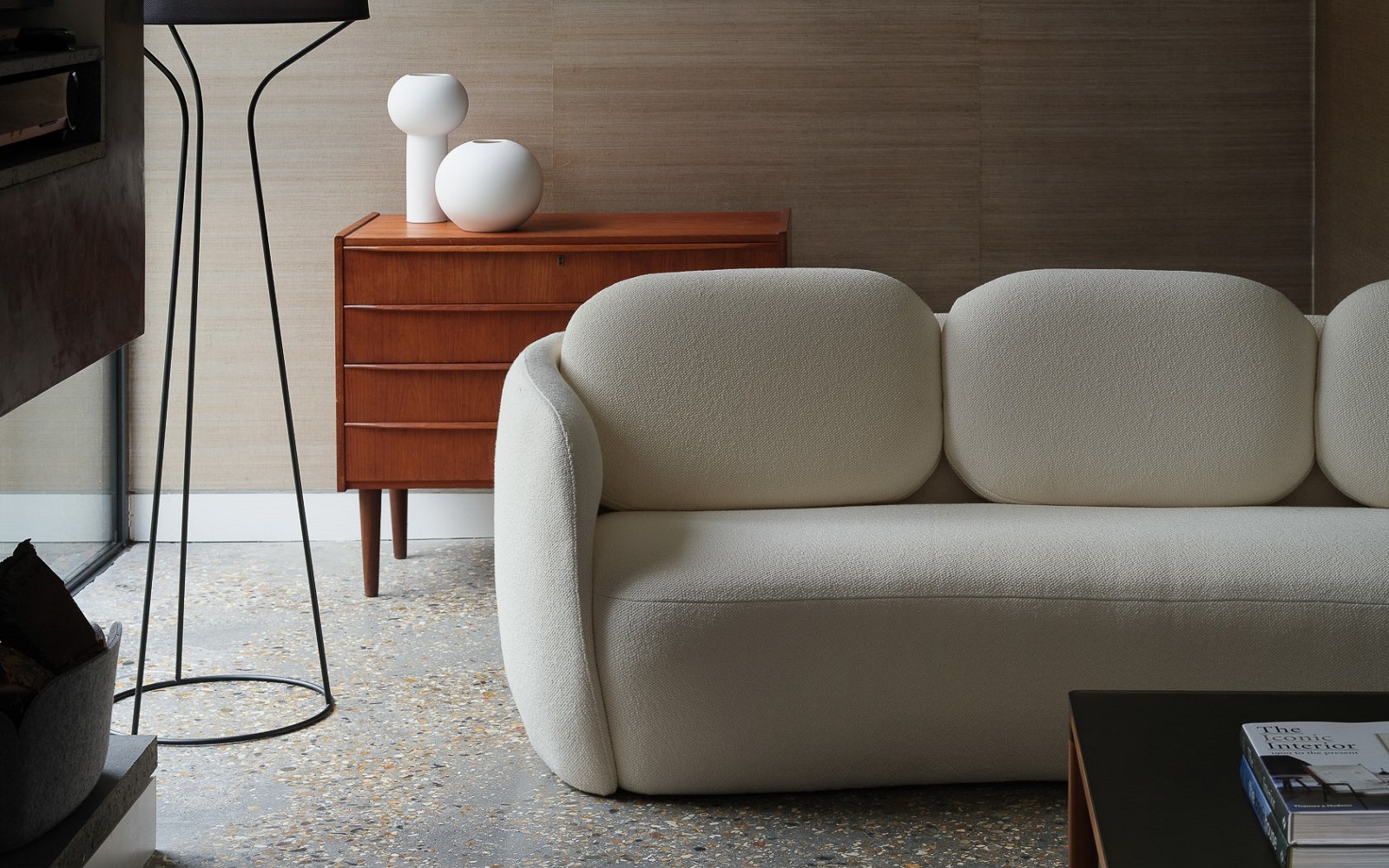 cream morgan couch on terrazzo floor with wooden table