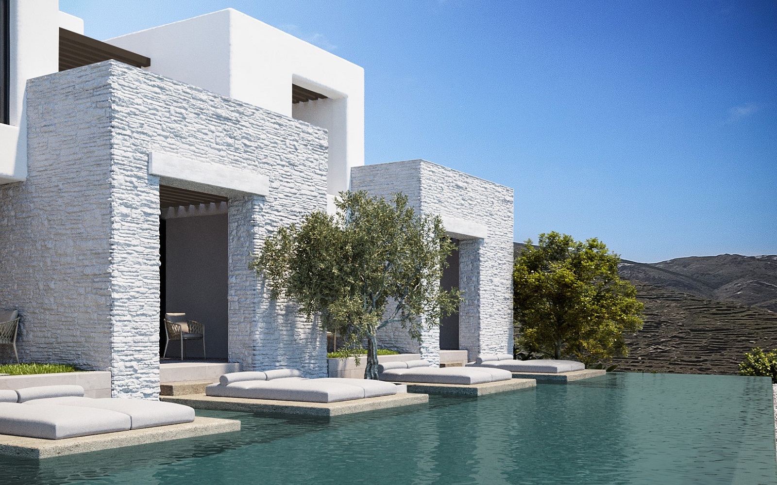 square white guestrooms at Odera on Tinos leading onto infinity pool