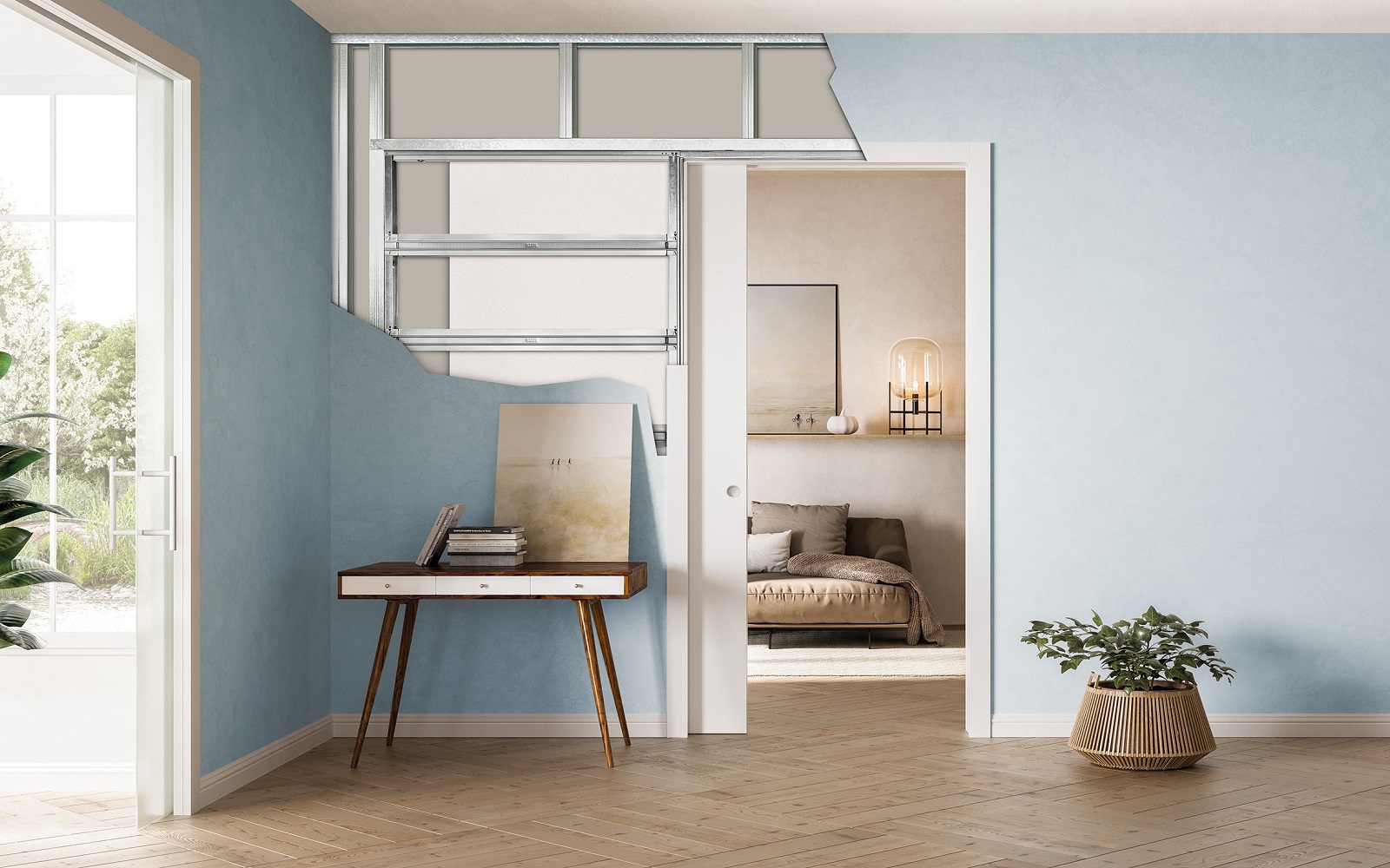 cross section through interior wall showing pocket door system from the Library Ladder Company