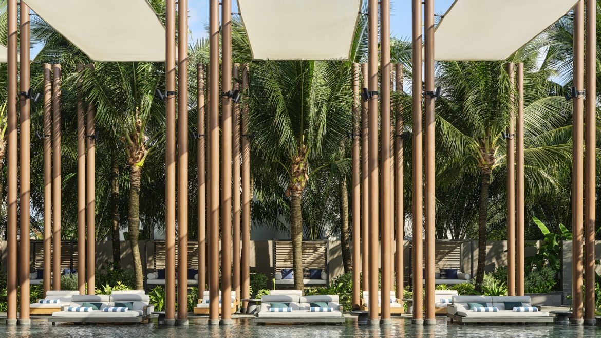 swimming pool at Regent Phu Quoc with architectural poles and shade cloth installation by BLINK