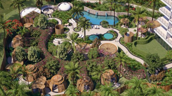 Render of birdseye view of outdoor spa and pool area