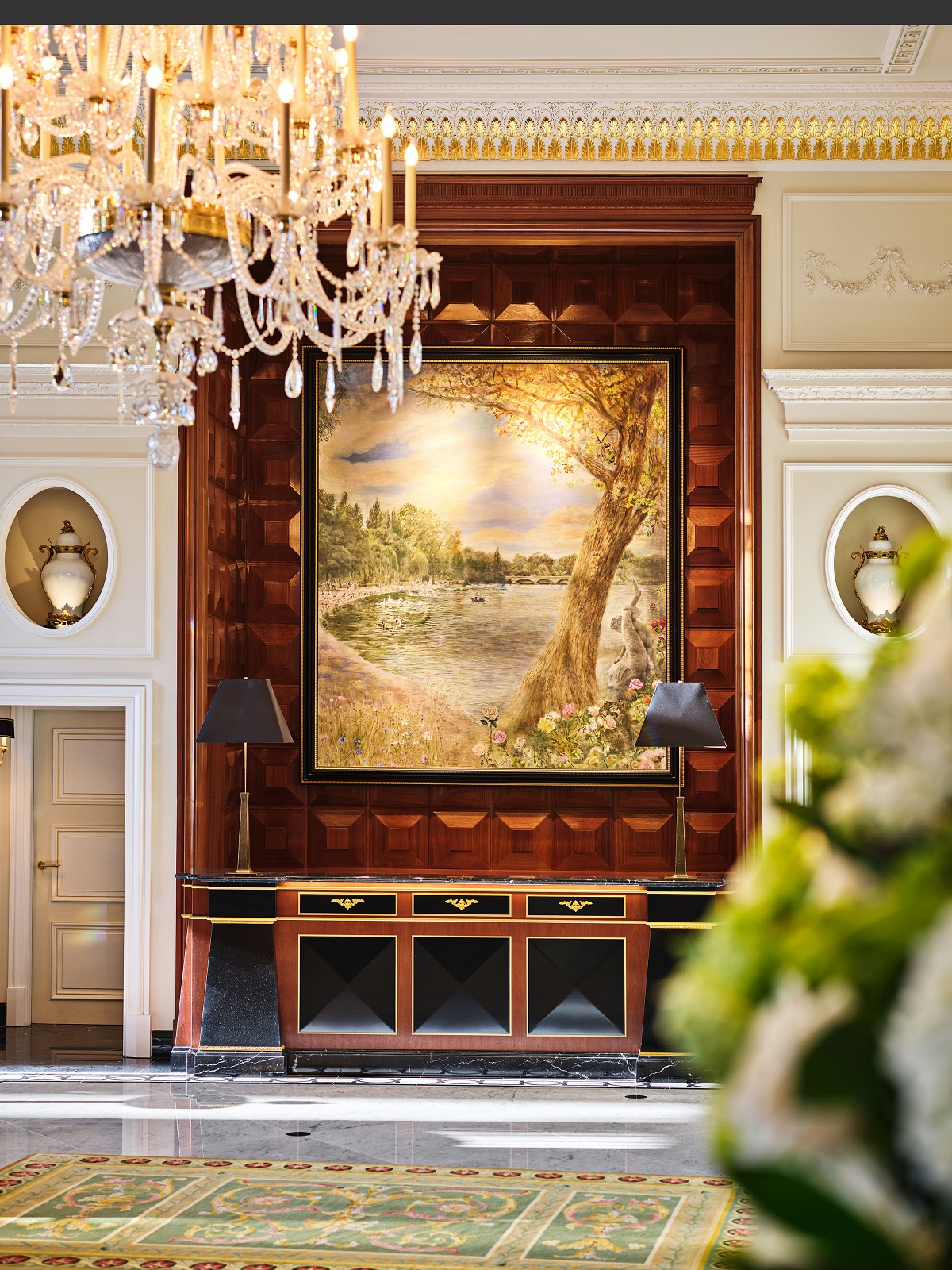 chandelier and artwork in The Dorchester lobby London