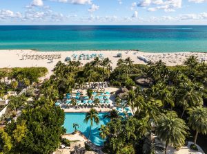 aerial view from behind the Palms Hotel looking over the resort out to sea