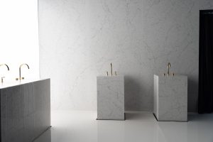 Marble room with taps on plinths