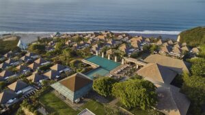 aerial view of Umana Bali LXR looking out towards the ocean