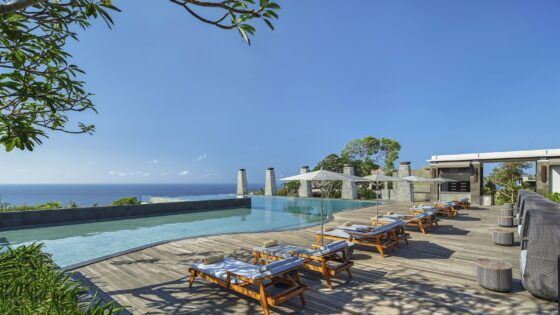 sunloungers and pool with seaview at Bali