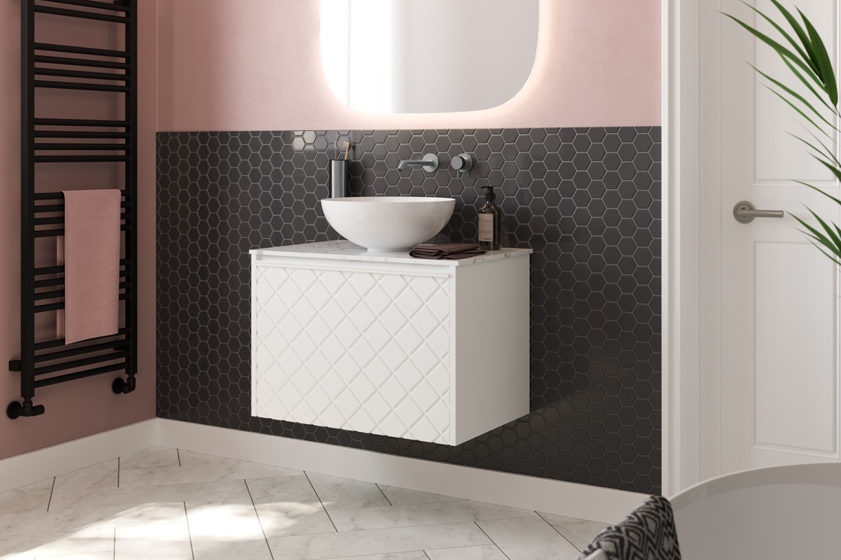 pink and black bathroom with Vergo fittings from Crosswater