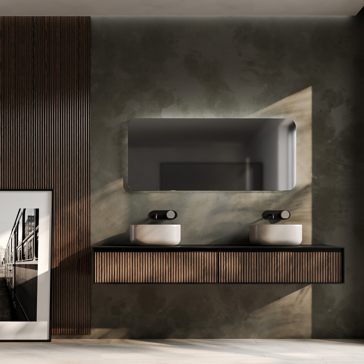 dark wood veneer surface and concrete walls in bathroom with white double basins on vanity